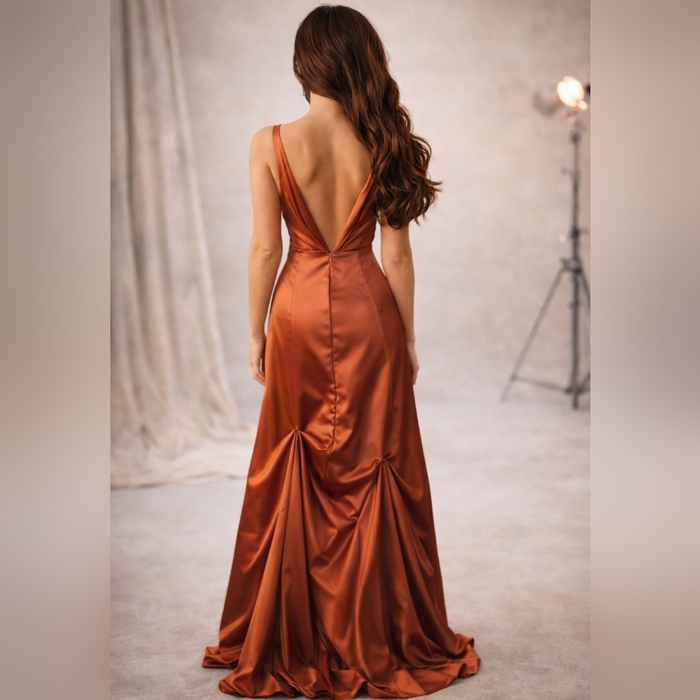 Source Unknown Rust Satin Maxi Dress. Size 10, Ruching In The Back - Picture 9 of 9